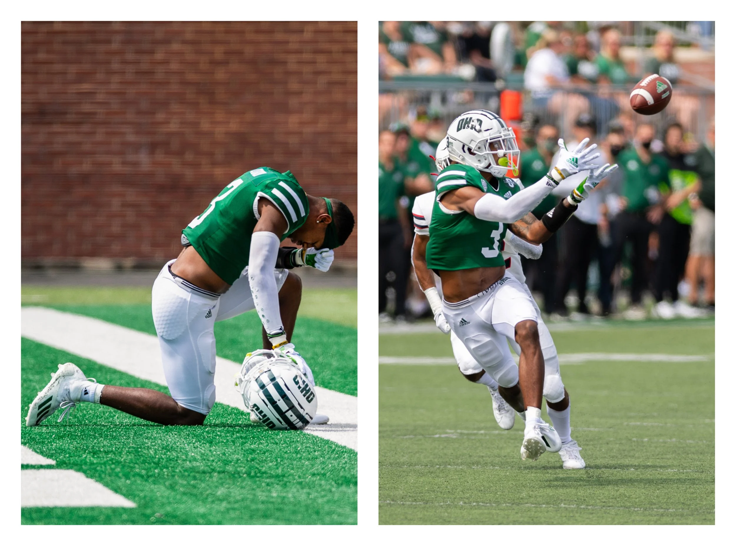  Ohio Bobcats wide receiver Cam Odom (pictured) had 3 receptions for 74 yards in Ohio’s home loss to the Duquesne University Dukes on Sept. 11, 2021, at Peden Stadium in Athens, Ohio. FCS Duquesne upset FBS Ohio 28-26 for the program’s first ever win