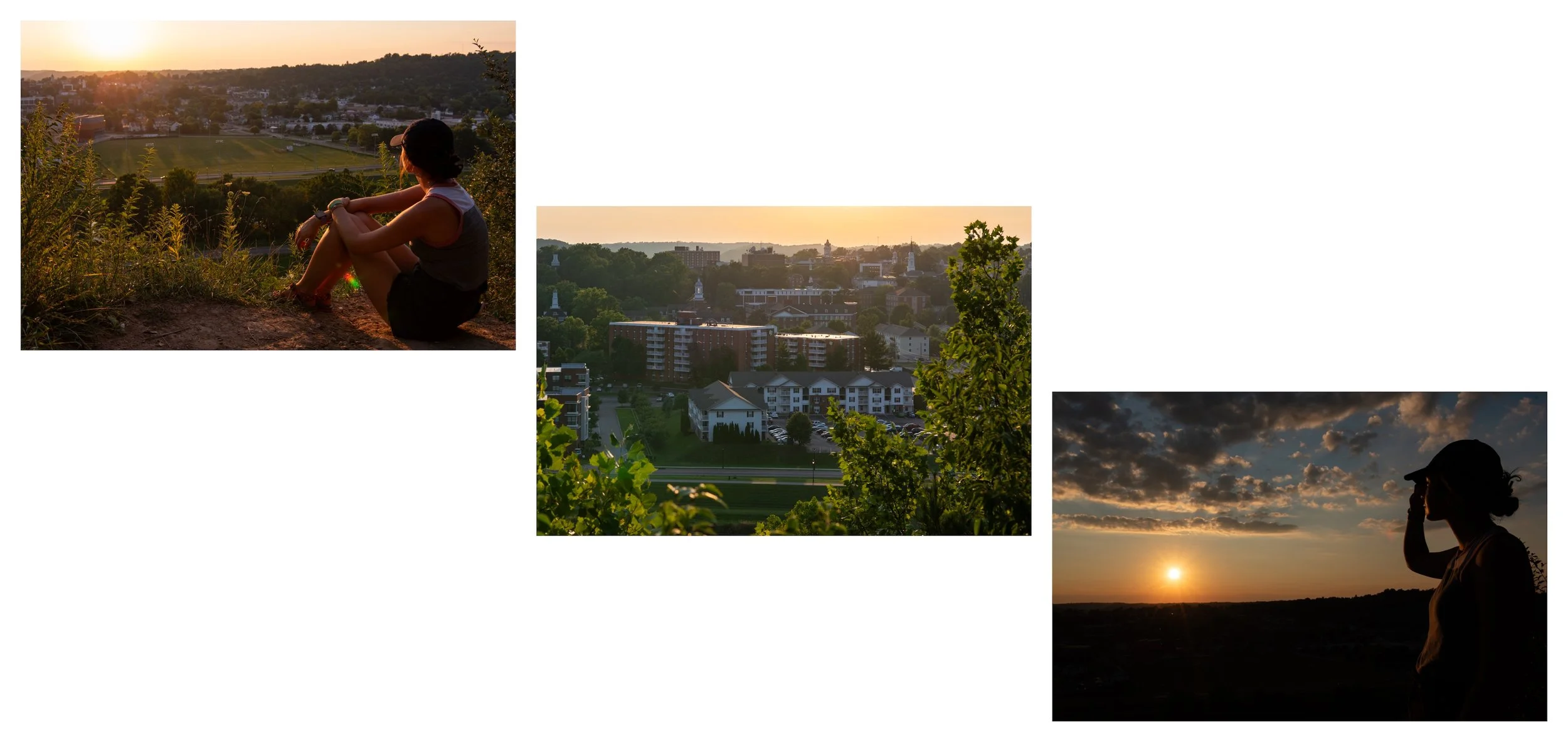  Ohio University student and freelance sports photographer Emilee Chinn overlooks the Ohio University campus and town of Athens, Ohio, from atop Bong Hill on Aug. 8, 2020.  