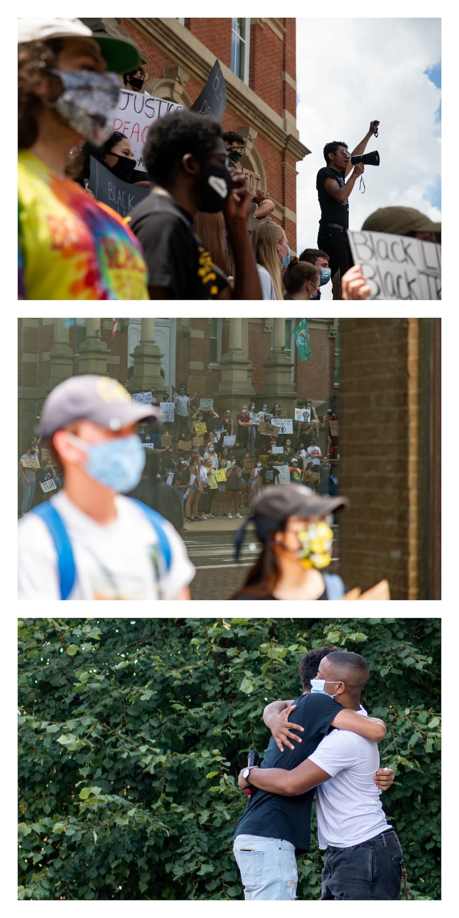  Keshawn Mellon (top image, bottom image left) and Avery Pope (bottom image right) led the ‘Your Move’ Black Lives Matter protest on the steps of the Athens County Courthouse in uptown Athens, Ohio, on Aug. 20, 2020. The protest was held as part of t