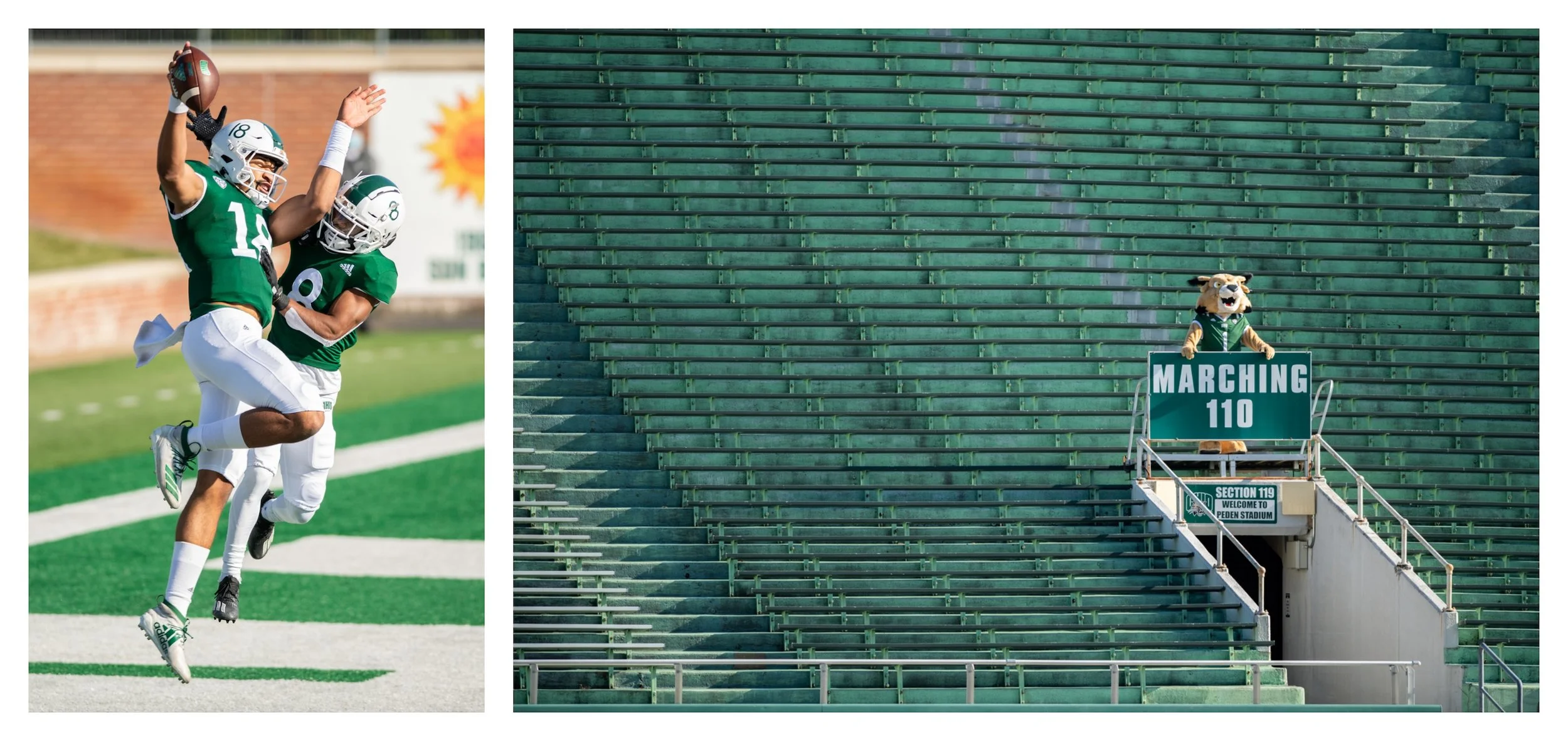  Ohio quarterback Armani Rogers (#18) and wide receiver Jerome Buckner (#8) celebrate a touchdown during Ohio 52-10 rout of Bowling Green in an empty Peden Stadium in Athens, Ohio, on Nov. 28, 2020. The game was played without spectators due to the C