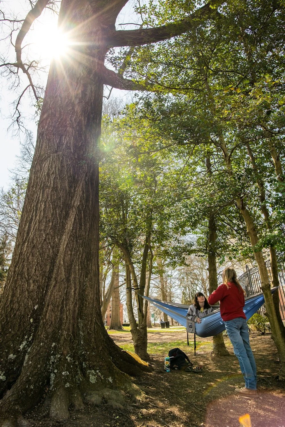  Ohio University College of Fine Arts student Maddie Jones (left) speaks to the university’s landscaping manager Susan Calhoun (right) on College Green in Athens, Ohio, on April 4, 2019. 