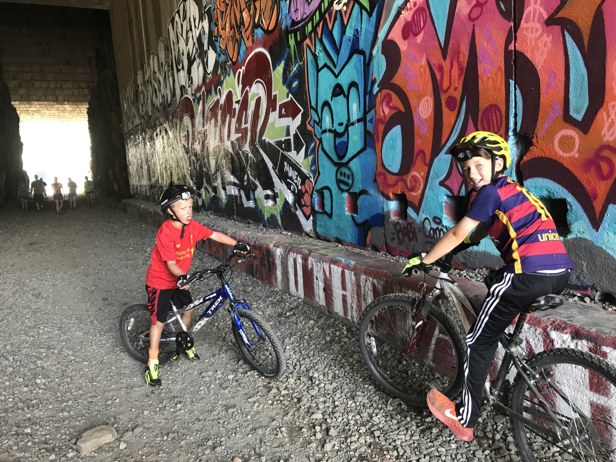 Biking Through the Old Railroad Tunnel (Viking Junior Members Charley and Hank Blumberg).JPG