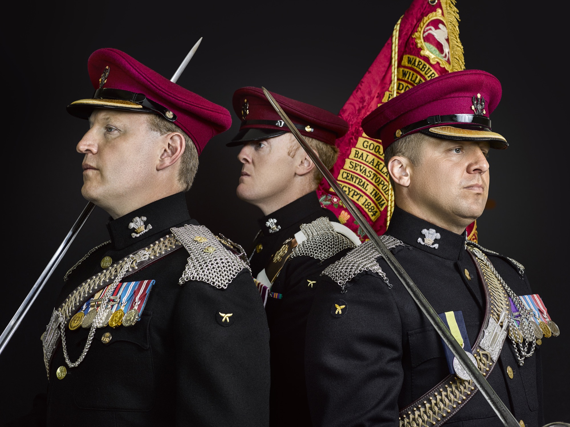 Lieutenant Colonel Porter Commanding Officer Warrant Officer Class 2 Regimental Quarter Master Sergeant Major Baines Warrant Officer 1 Regimental Sergeant Major Ashton The King’s Royal Hussars.jpg