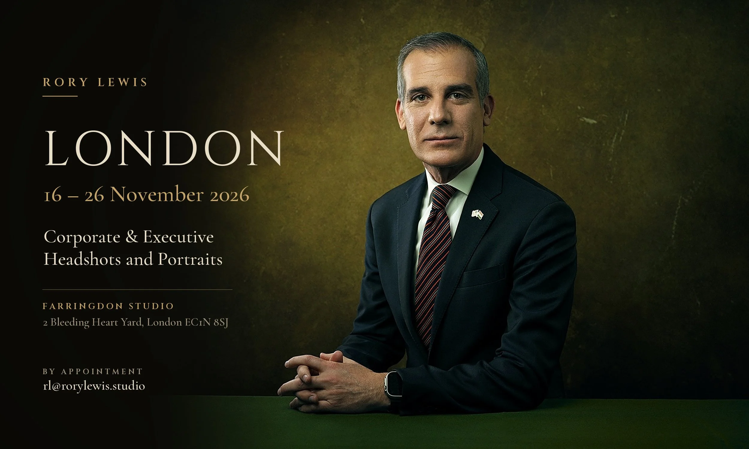 Returning to London: Corporate and Executive Portraits, 16–26 November 2026 (Rory Lewis Photographer)