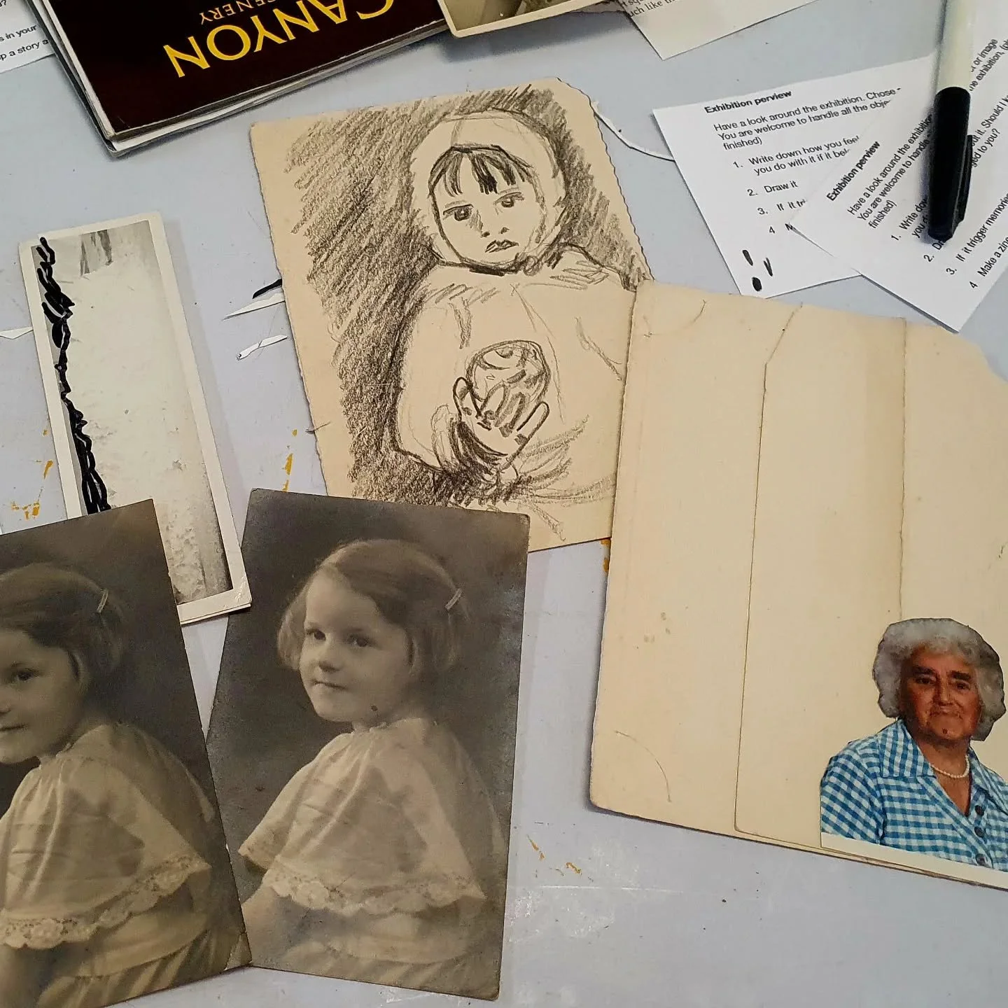 My responses to Nina Fenner's exhibition today. Nina had laid out a table of materials and sacrificial items for people to work from if they wished. Several of us fell in love with the lady with strong eyebrows, and I was delighted to find a new set 