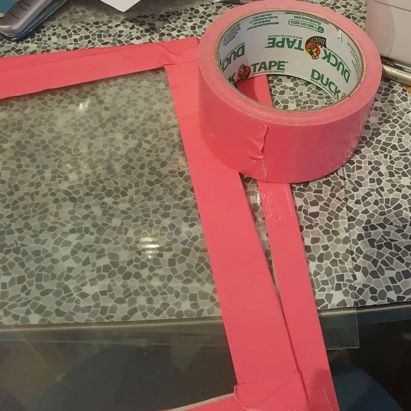 Treating myself to playing with pink duck tape- I'm making some plates for people to use at monoprinting workshops. I donated all my old ones, and as I'm getting rid of broken frames I thought I'd create some more of these.