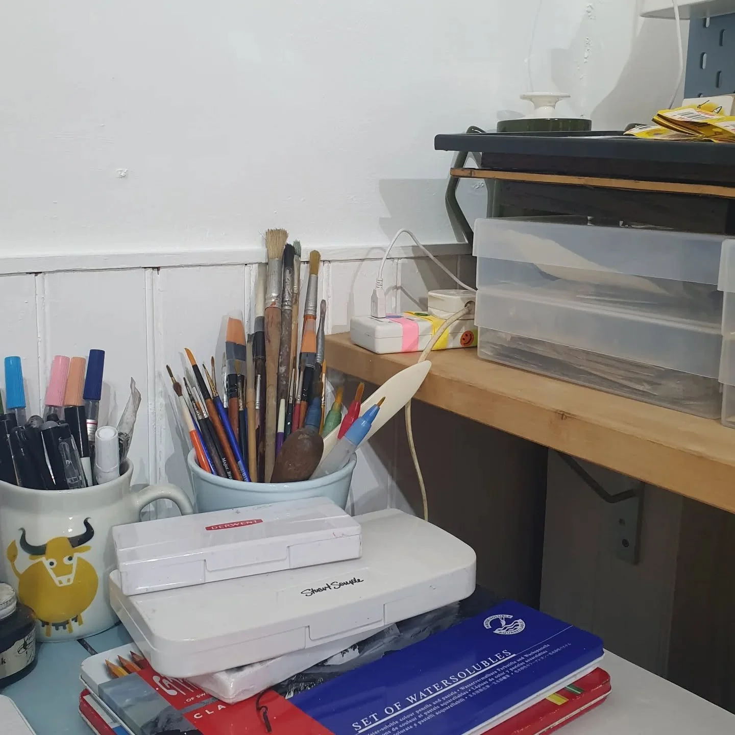 Yet another day hard at work in my studio looking at my pots of paint brushes and pens, but not actually using them.