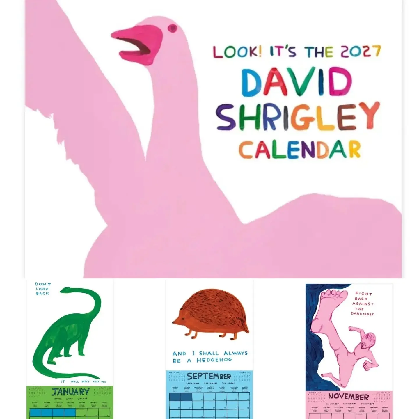 Now in stock- the 2027 @davidshrigley calendar from @brainboxcandy. Contains all the months you could possibly need! Buy it now to send to someone overseas, or even just the other end of the country, and it should reach them in time for next year.

C