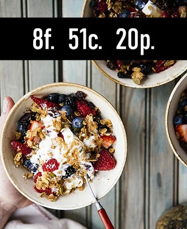 Nutrition Information Serves: 1 Serving Size: 1 parfait Calories: 364 / Fat: 8g / Carbs: 51g / Protein: 20g