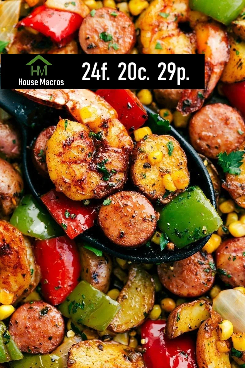 Nutrition Information Serves: 6 Serving Size: 1 Serving: 2oz Shrimp, 2oz Sausage, 2oz (1/4 cup) potatoes, 1/4 cup corn Calories:369 / Fat: 24g / Carbs: 20g / Protein: 29g