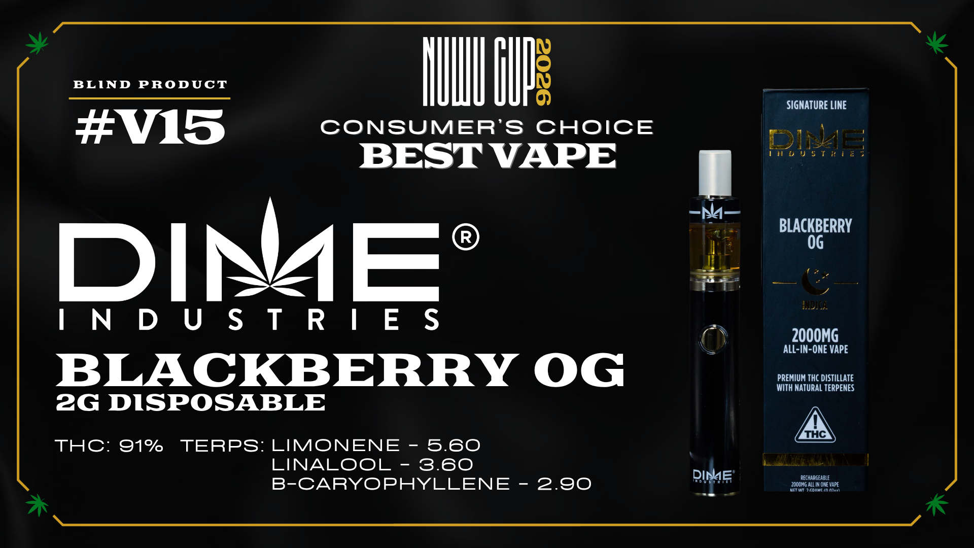 Official Nuwu Cup 2026 Consumer's Choice Best Vape award graphic featuring Dime Blackberry OG Disposable 2G cannabis vaporizer.