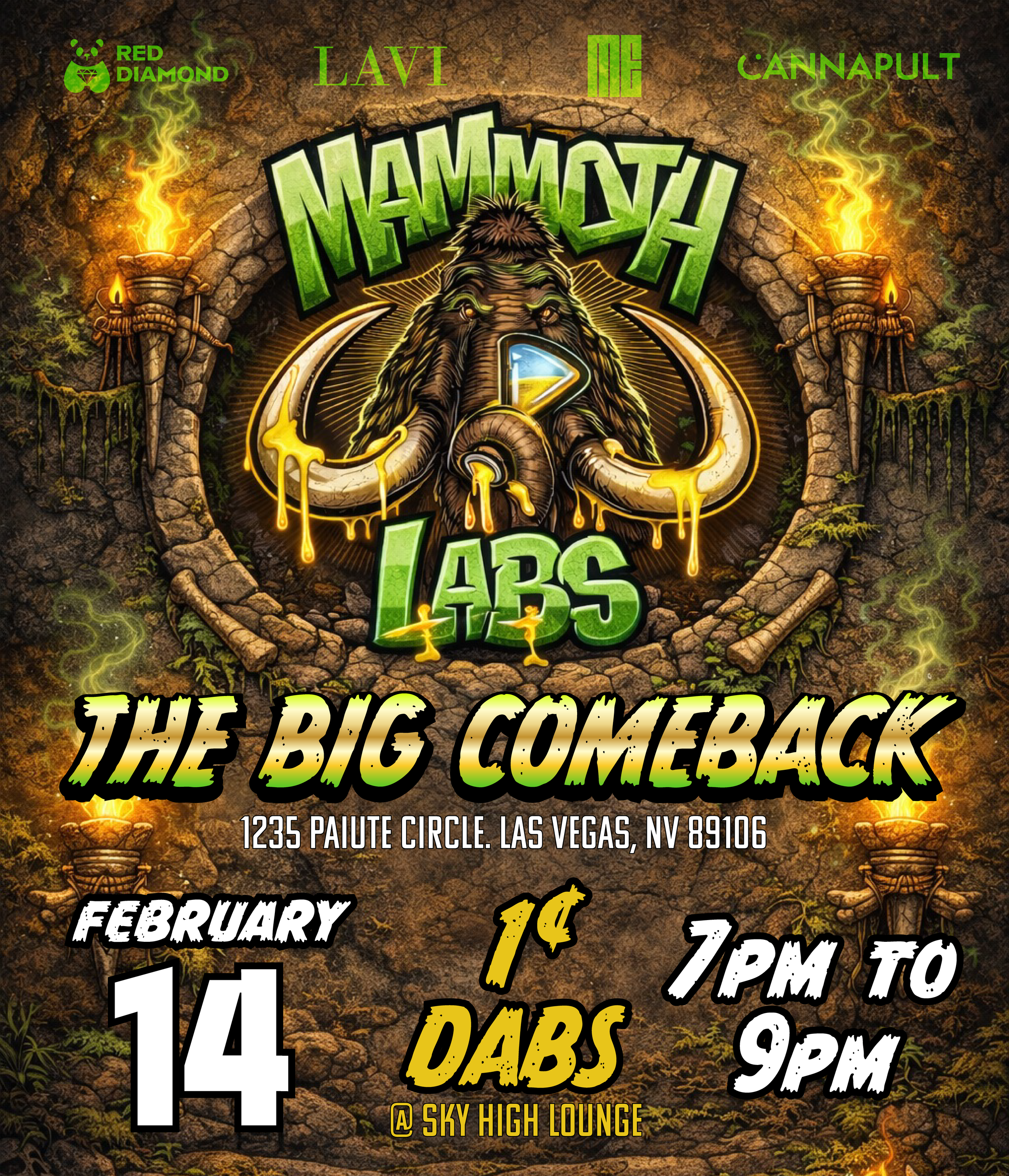 Illustrated event flyer for Mammoth Labs “The Big Comeback” featuring a mammoth graphic, February 14 date, 7–9 PM time, and Sky High Lounge in Las Vegas.
