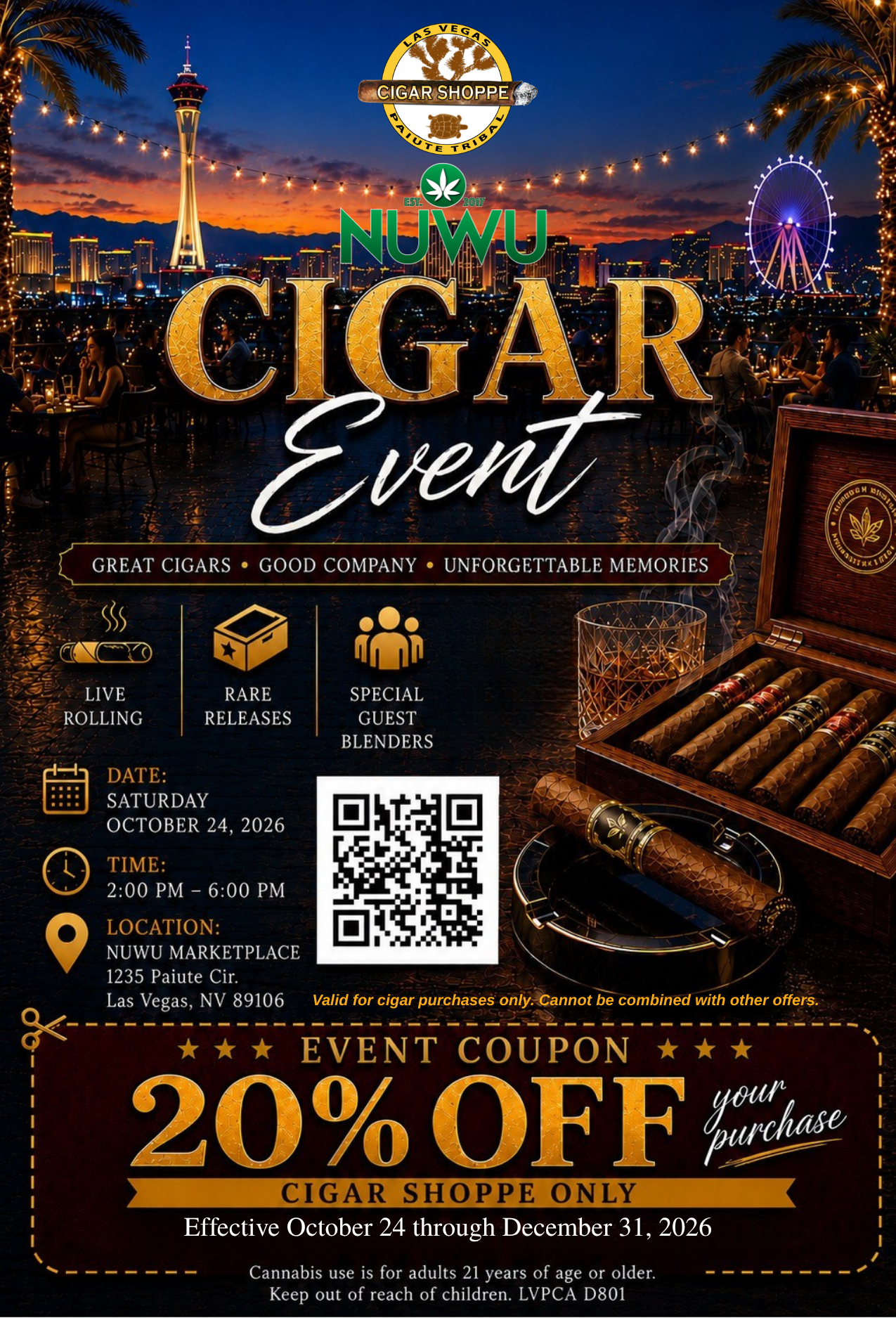 Little Smoke Cigar Event flyer presented by the Las Vegas Paiute Tribal Cigar Shoppe, featuring live cigar rolling, rare releases, special guest blenders, and a 20% off Cigar Shoppe coupon on October 24, 2026, at the Nuwu Courtyard.