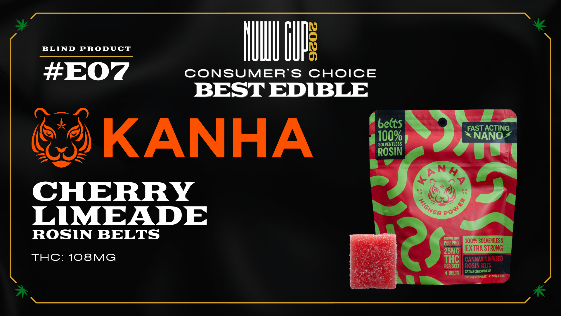Official Nuwu Cup 2026 Consumer's Choice Best Edible award graphic featuring Kanha Cherry Limeade Rosin Belts cannabis edibles.