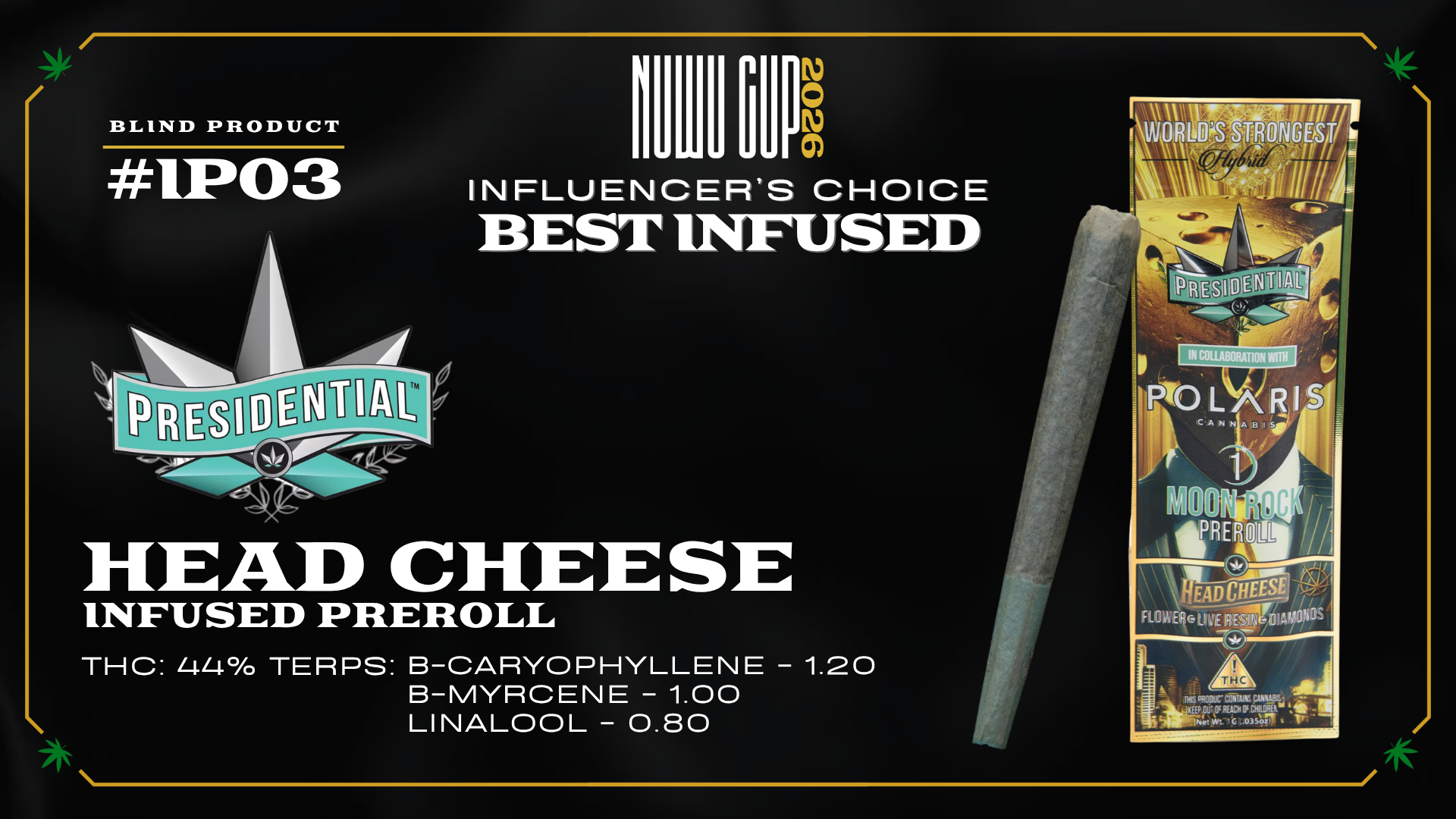 Official Nuwu Cup 2026 Influencer's Choice Best Infused Pre-Roll award graphic featuring Presidential Head Cheese 1G.