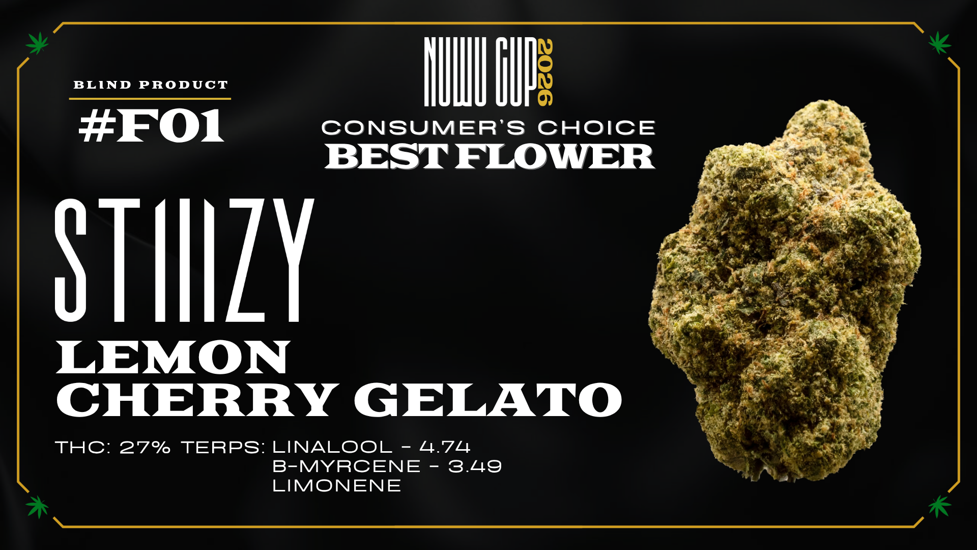 Official Nuwu Cup 2026 Consumer's Choice Best Flower award graphic featuring STIIIZY Lemon Cherry Gelato cannabis flower.