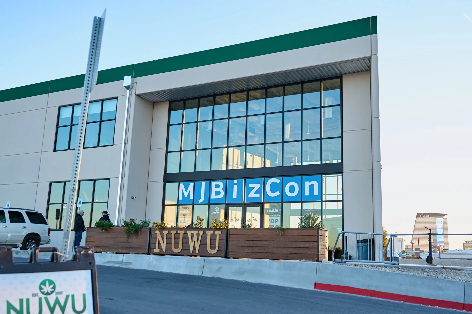 Nighttime exterior of a Las Vegas venue hosting an MJBizCon after hours cannabis industry event