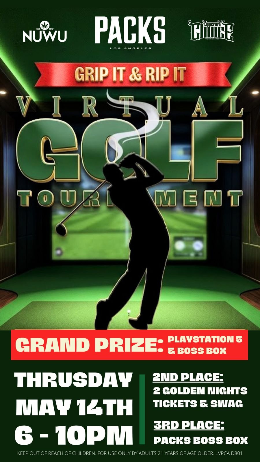 Promotional flyer for the Grip It & Rip It Virtual Golf Tournament at NuWu Sky High Lounge. Featuring a silhouette of a golfer in a simulator with prizes including a PlayStation 5 and Vegas Golden Knights tickets.