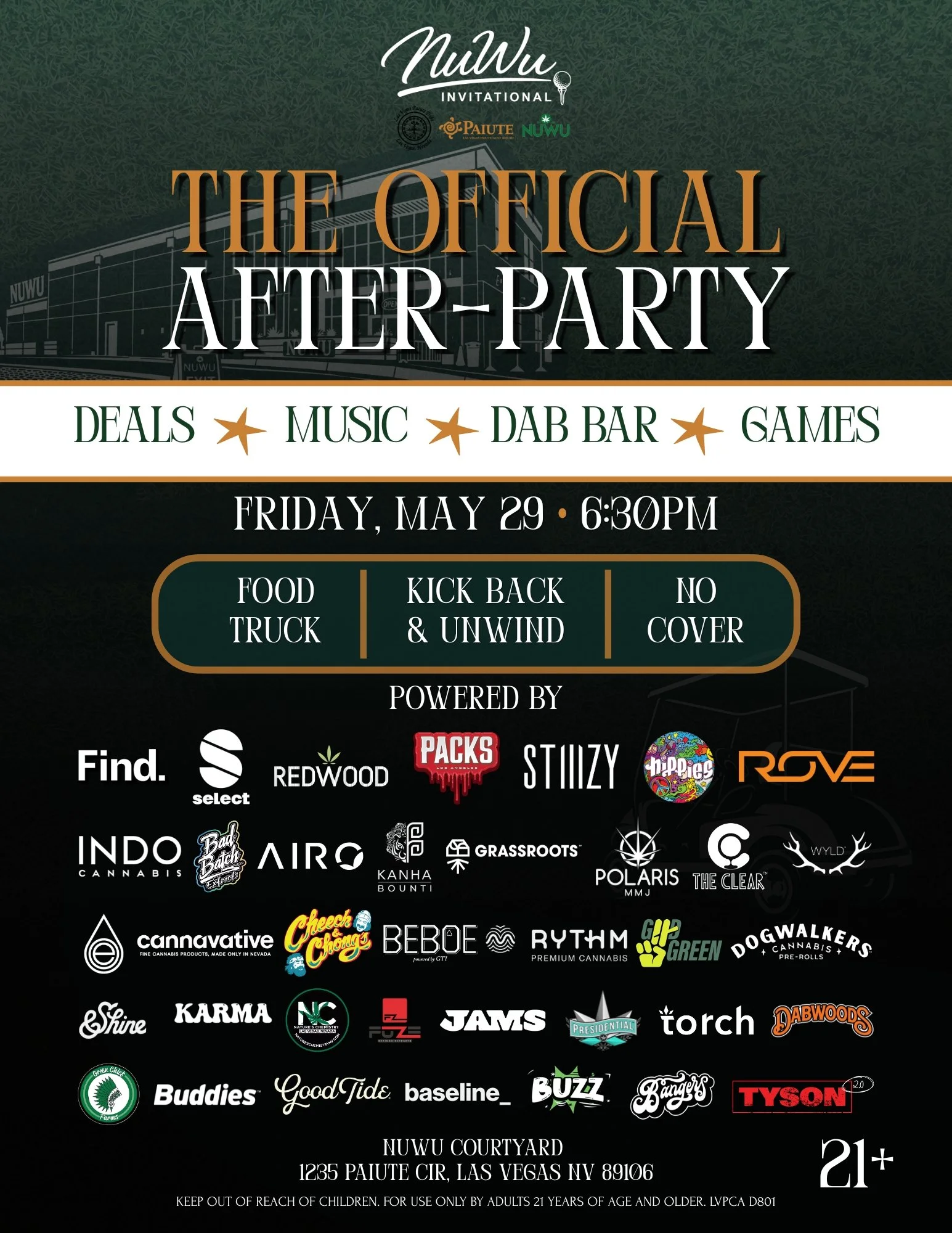 Event flyer for NuWu Invitational Official After Party on Friday, May 29th at 6:30 PM. Featuring music, dab bar, games, and food trucks in the NuWu Courtyard. Sponsored by STIIIZY, Wyld, Rove, and Tyson 2.0. 21+ only.