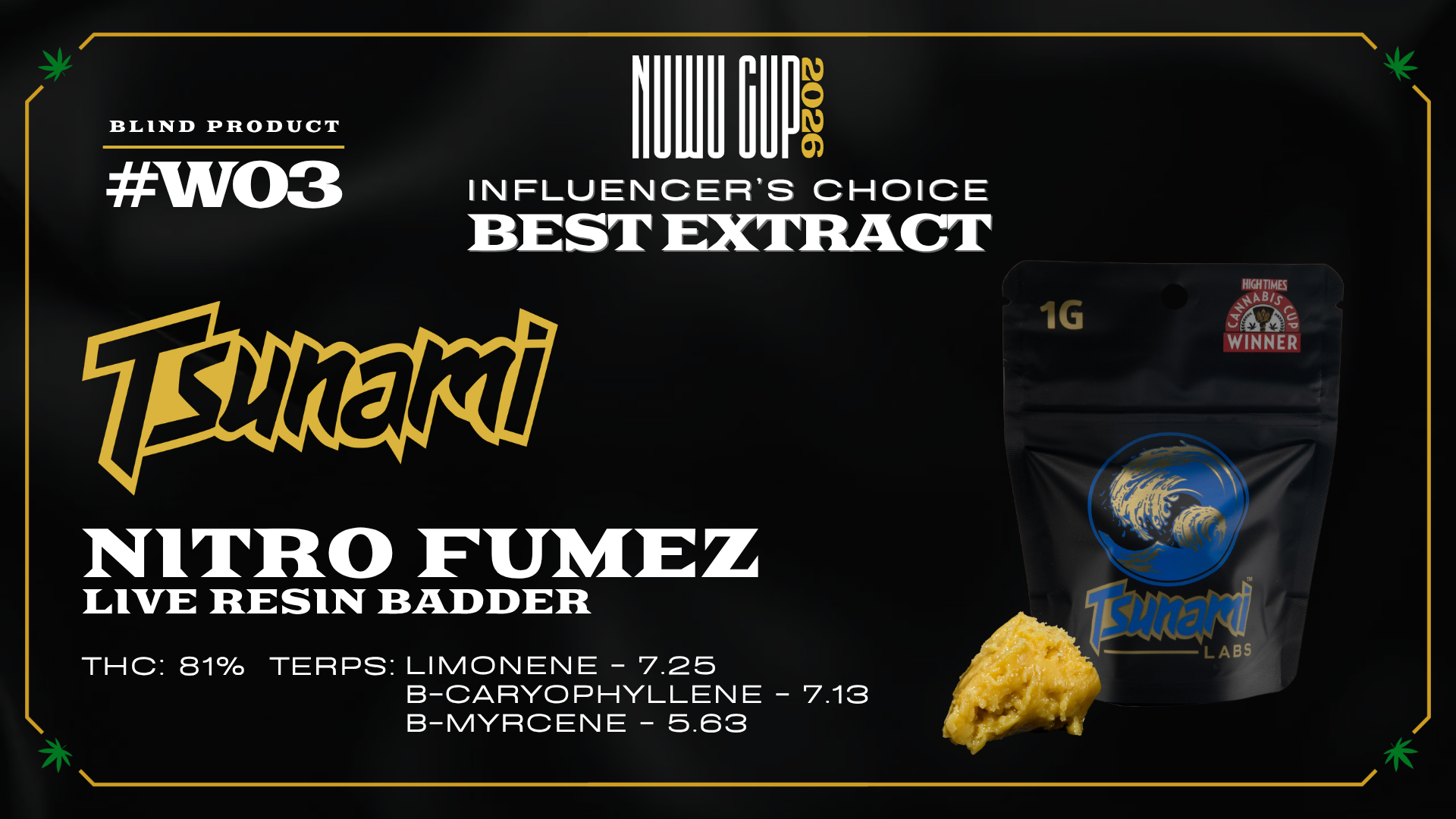 Official Nuwu Cup 2026 Influencer's Choice Best Extract award graphic featuring Tsunami Nitro Fumez LR Badder live resin concentrate.