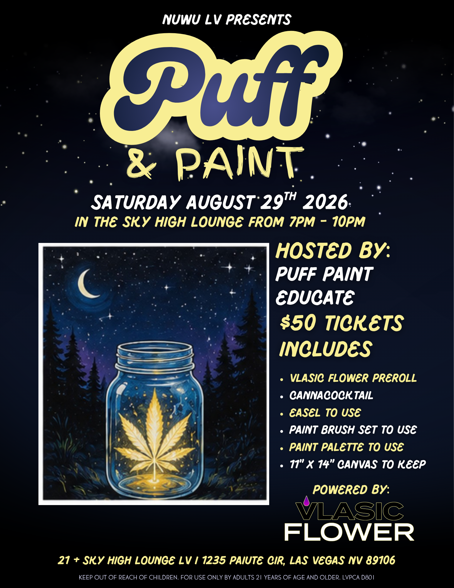 Event flyer for Puff & Paint Glow & Black Light Edition hosted by Puff Paint Educate and powered by Vlasic Flower on Saturday, August 29, 2026, at Sky High Lounge Las Vegas. Features a glowing jar artwork under a starry night sky.