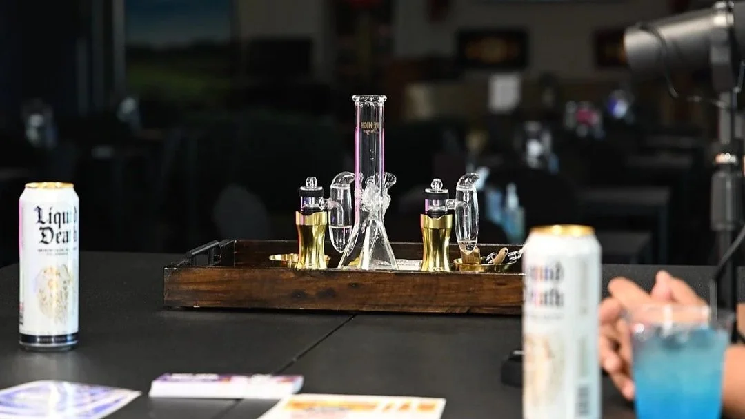 Custom glass water pipe and cannabis consumption accessories from the Platinum High Roller Table Package at Sky High Lounge.