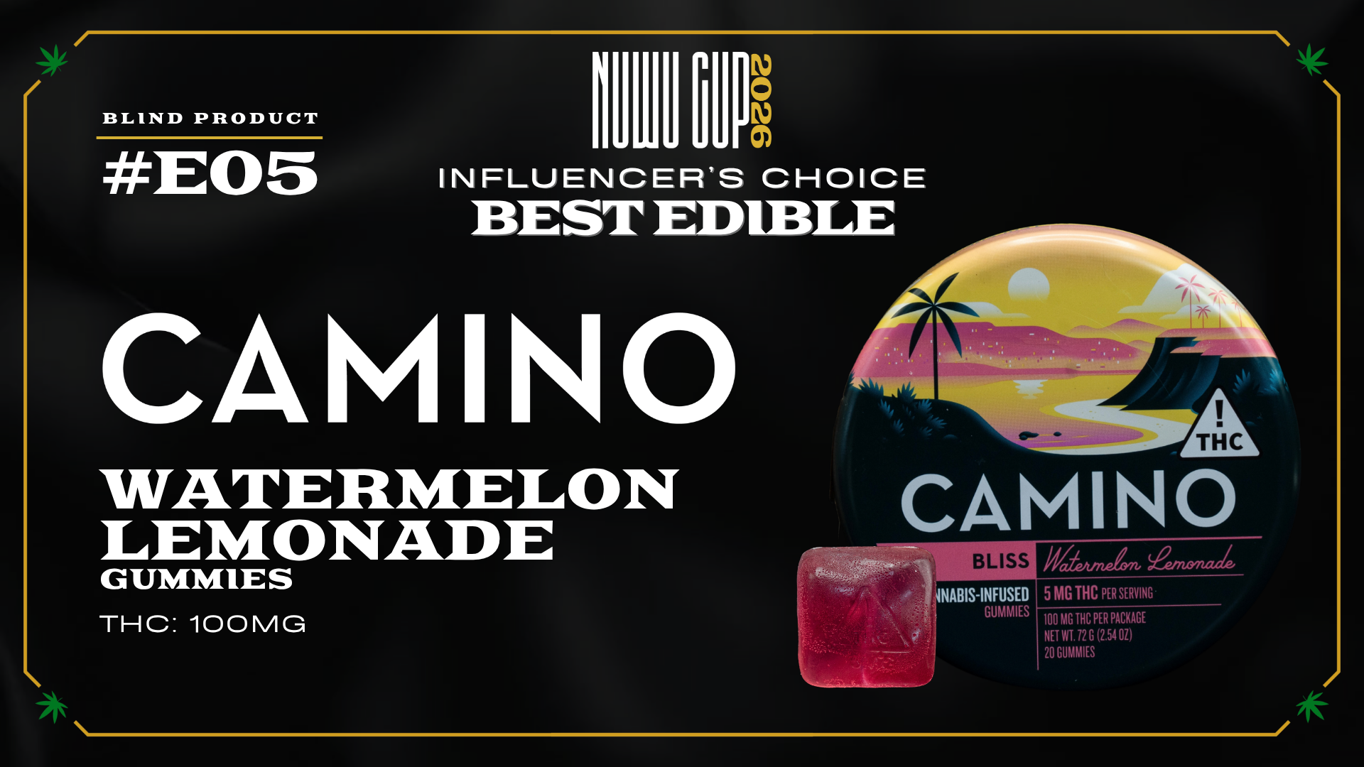 Official Nuwu Cup 2026 Influencer's Choice Best Edible award graphic featuring Kiva Watermelon Lemonage Camino Gummies.