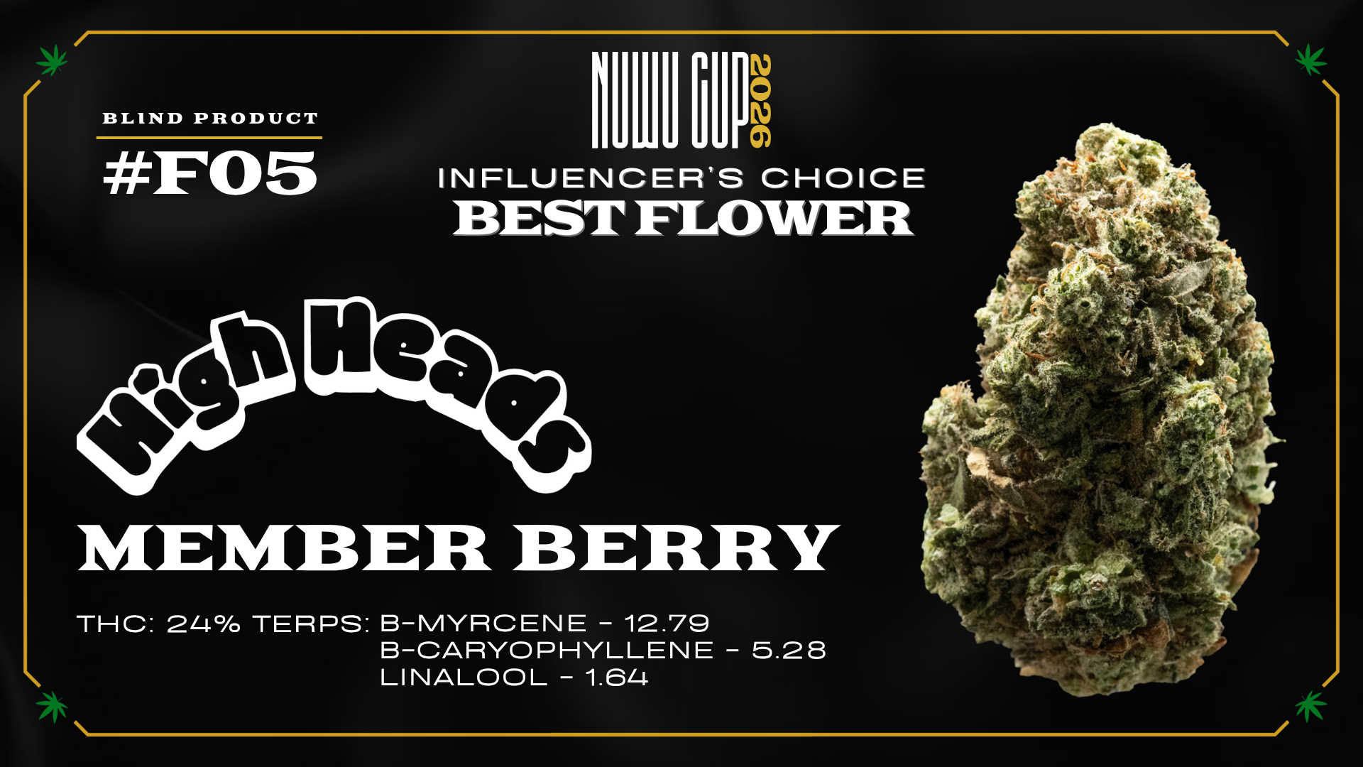 High Heads Member Berry flower, winner of the 2026 Nuwu Cannabis Cup Influencer's Choice Best Flower award.