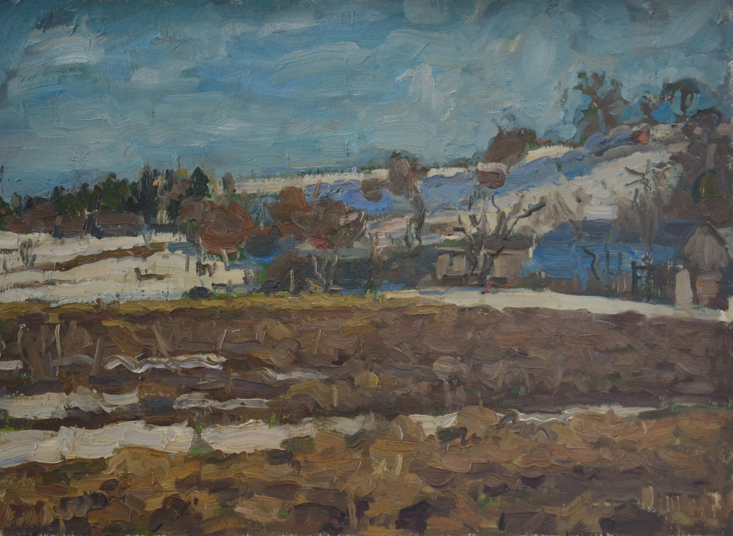 Снег тает. Апрель. 33.5Х46.5 аргалит масло 2018.jpg