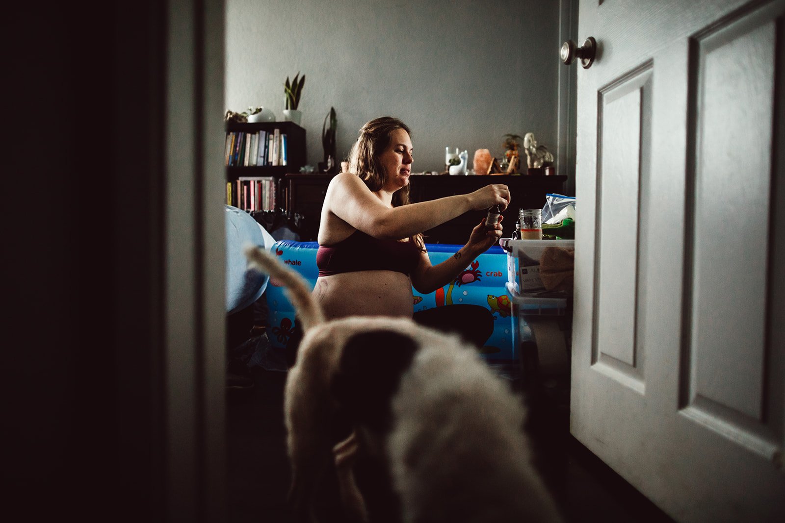 A pregnant woman with long brown hair sitting on a small inflatable pool inside a bedroom, reaching for a pill bottle, with a dog in the foreground, viewed through an open door.