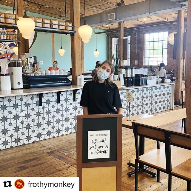 Have you heard? @frothymonkey is open! ・・・⁠
You will now check-in with a friendly masked and sanitized host. They will seat you, and then a server will take your order at your table. This will allow them to limit the number of people in spaces, the n