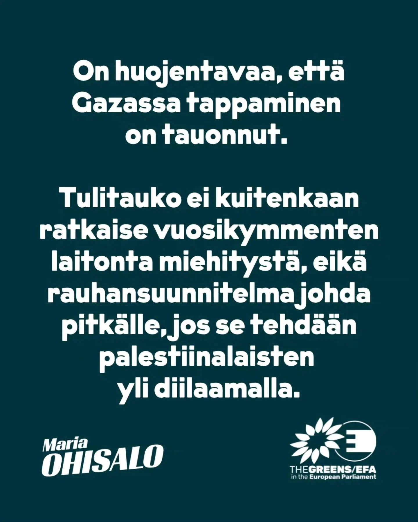 On huojentavaa, ett&auml; Gazassa tappaminen on tauonnut. Juuri nyt t&auml;rkein teht&auml;v&auml;mme on varmistaa, ett&auml; riitt&auml;v&auml; m&auml;&auml;r&auml; humanitaarista apua p&auml;&auml;see paikalle niin nopeasti kuin mahdollista. Inhimi