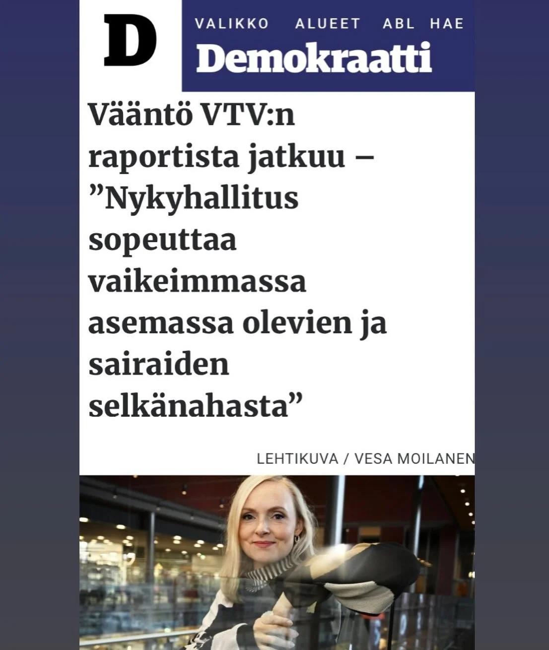 Kun taloutta tasapainotetaan, nykyhallitus on valinnut tehd&auml; sen pienituloisimpien, vaikeimmassa asemassa olevien, sairaiden ihmisten selk&auml;nahasta.

Viime hallituksessa halusimme panostaa mm. hyvinvointiin ja koulutukseen. Halusimme v&auml;
