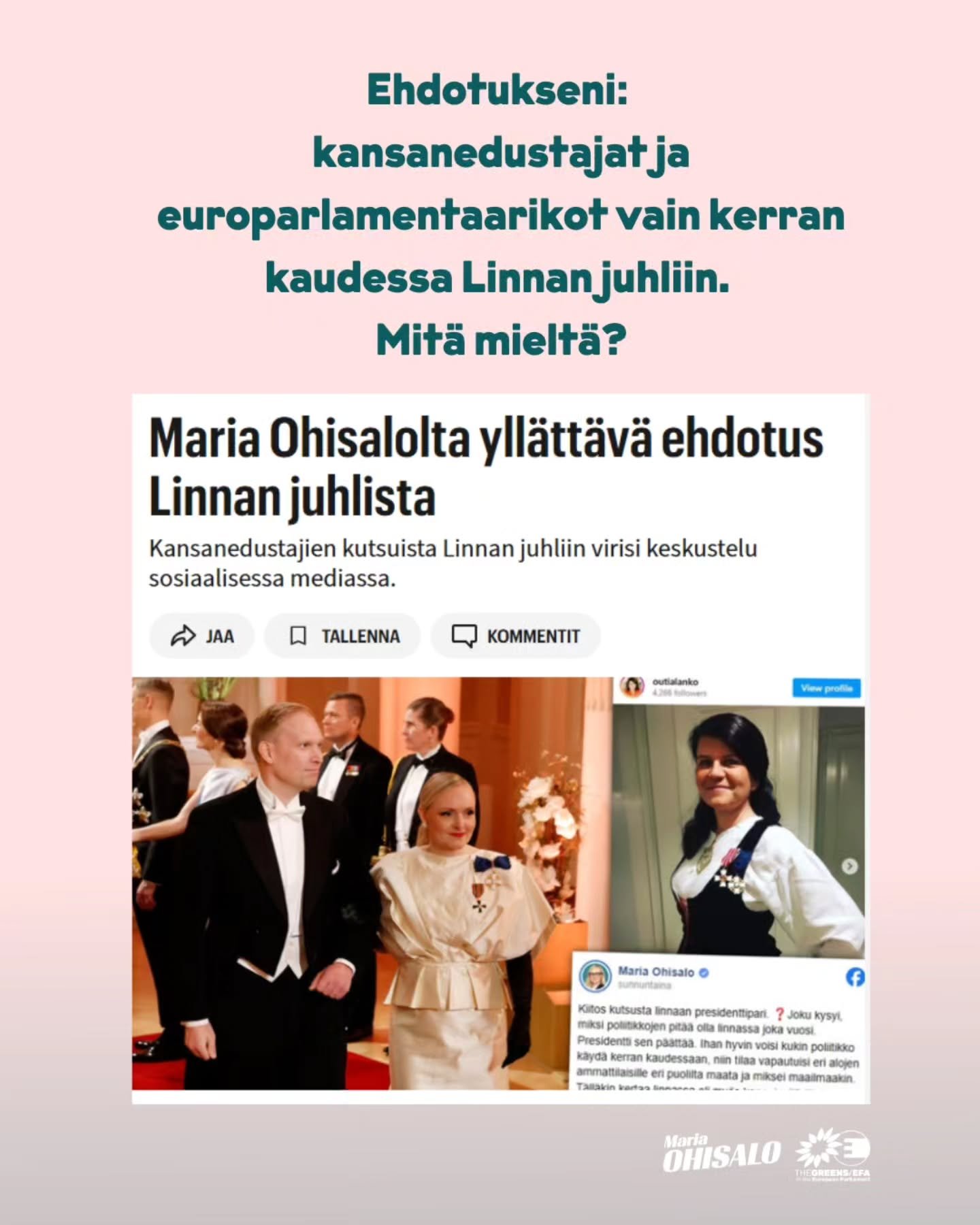 Linnan juhlat on arvokas juhla ja upea kokemus ja sen kokemuksen soisi yh&auml; useammalle.

Mit&auml; mielt&auml; s&auml; olet? M&auml; ajattelen, ett&auml; kansanedustajat ja europarlamentaarikot voisivat k&auml;yd&auml; Linnan juhlissa aivan hyvin