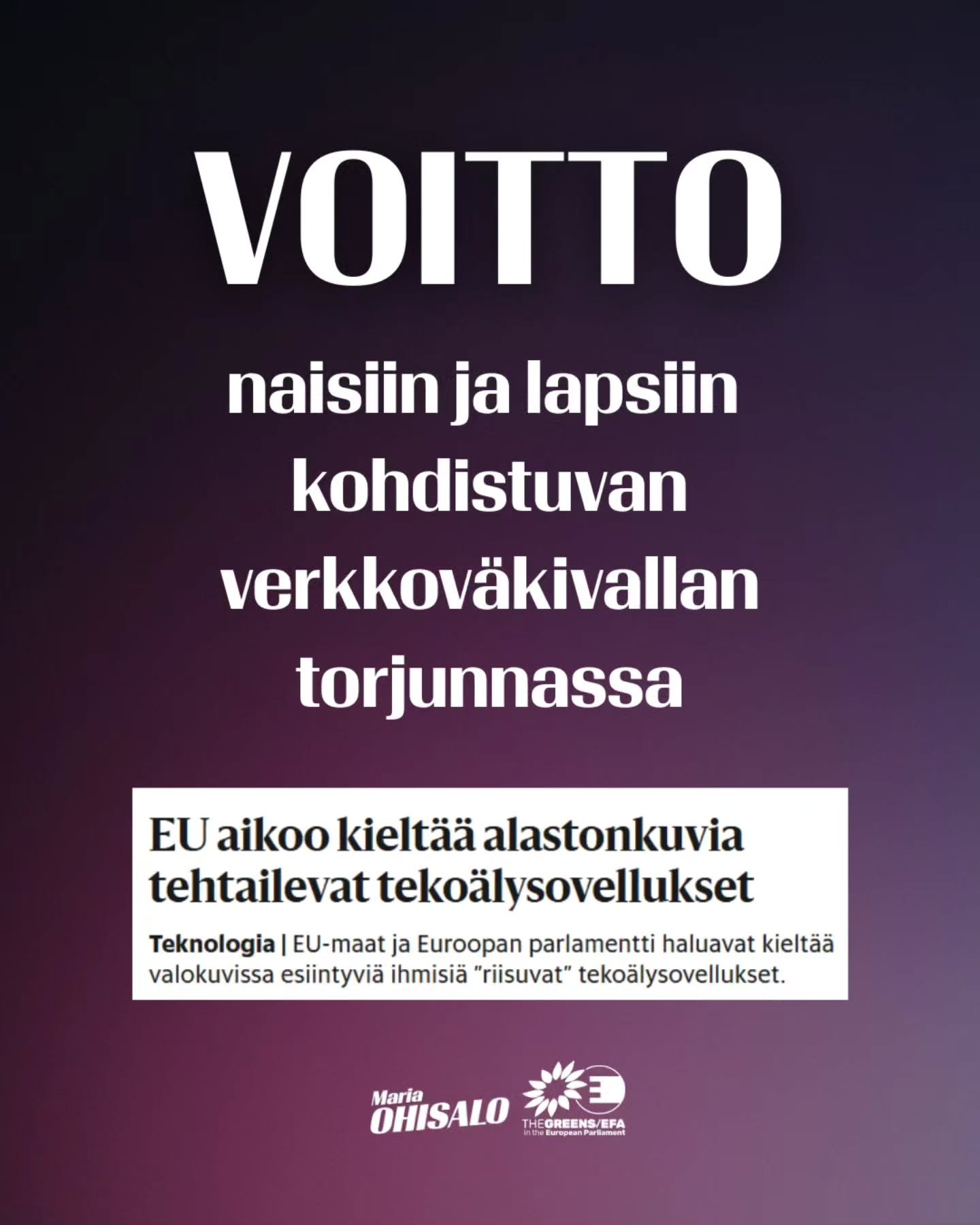 Iso ja t&auml;rke&auml; vihre&auml; voitto europarlamentin valiokunnissa teko&auml;lyn v&auml;&auml;rink&auml;ytt&ouml;&auml; vastaan! 

Me vihre&auml;t olemme puskeneet kovaa t&auml;&auml;ll&auml; europarlamentin eri valiokunnissa, ett&auml; parlame