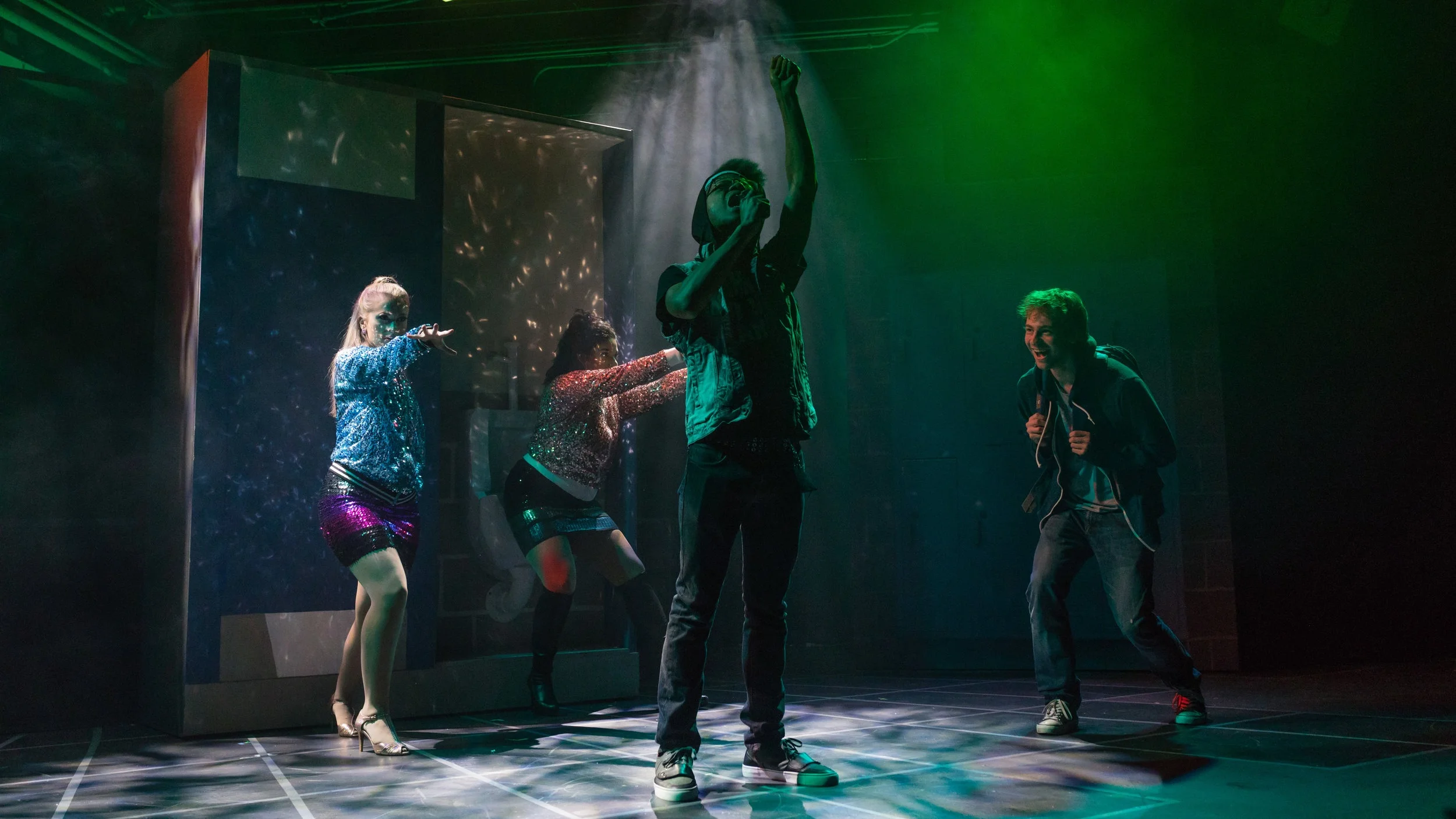 Photo by RJ Pavel, Be More Chill, Monumental Theatre Co., Directed by Izzy Smelkinson, Scenic Design by Simone Schneeberg, Lighting Design by Helen Garcia-Alton, Sound Design by Jordana Abrenica