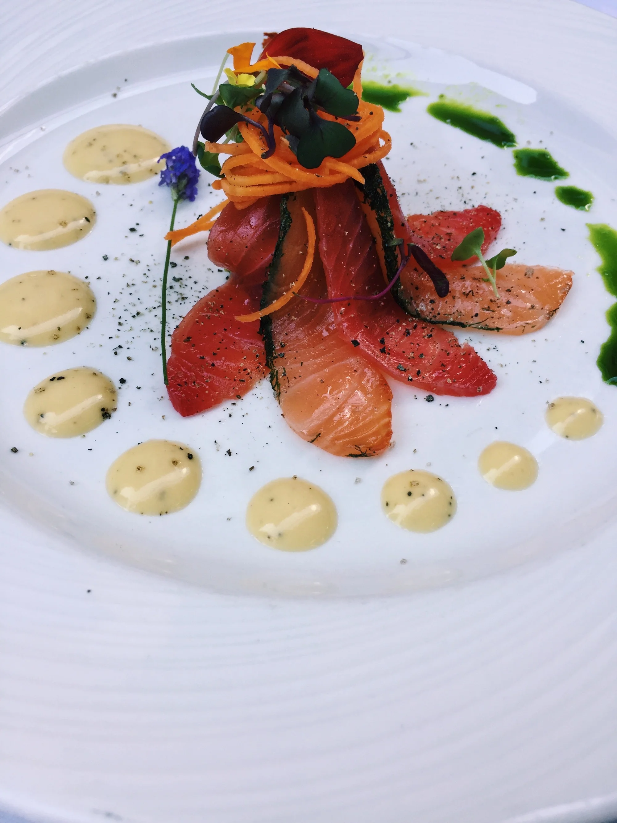 Beet Cured Verlasso Salmon Gravlax with an Octopus Remoulade