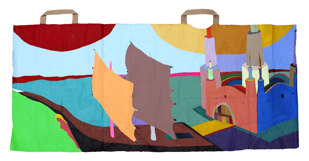   Boat Castle  gouache on a paper bag. 2016  exhibited -  Bailey Contemporary Arts during Anything And Everything From The Past 2022  