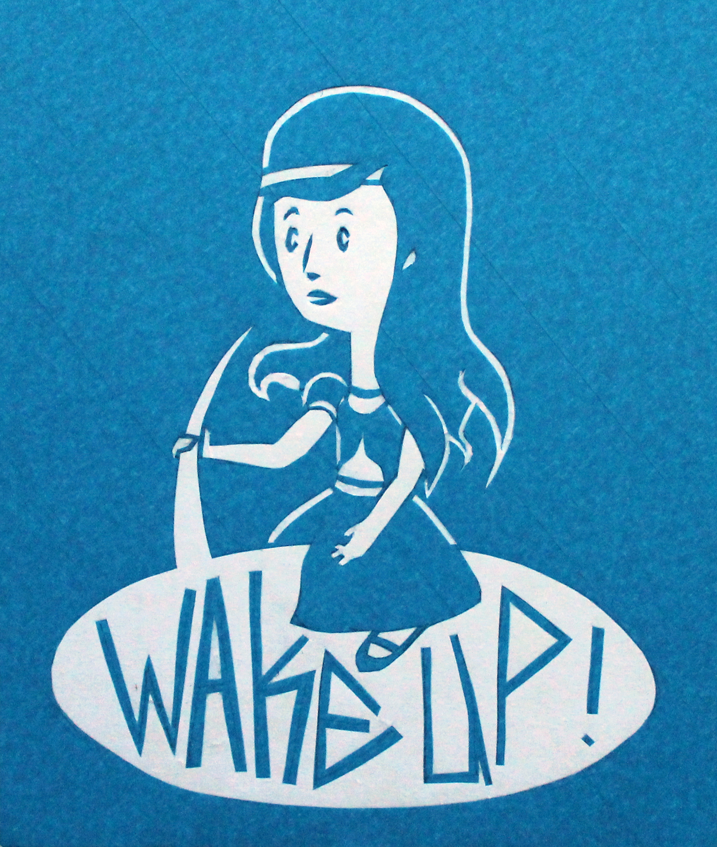   Wake Up  masking tape on paper, inspired by WPA posters, 2014  exhibited -  Bailey Contemporary Arts during Pages From The Big Book 2022;   C&amp;I Studios during Portraits of The Little Girl 2016  