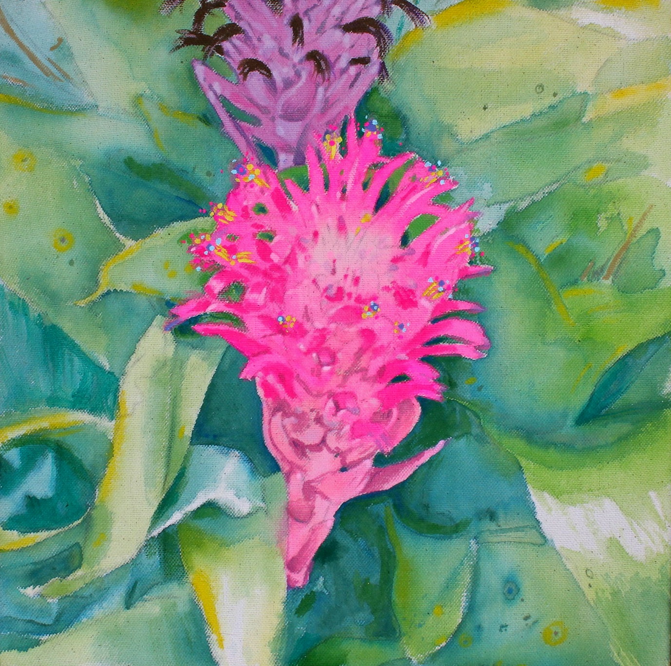   Bromeliads  gouache on raw canvas. 2018  exhibited -  Ocala City Hall during A Floral Retrospective 2022;   Daggerwing Nature Center, Boca Raton, FL 2018  