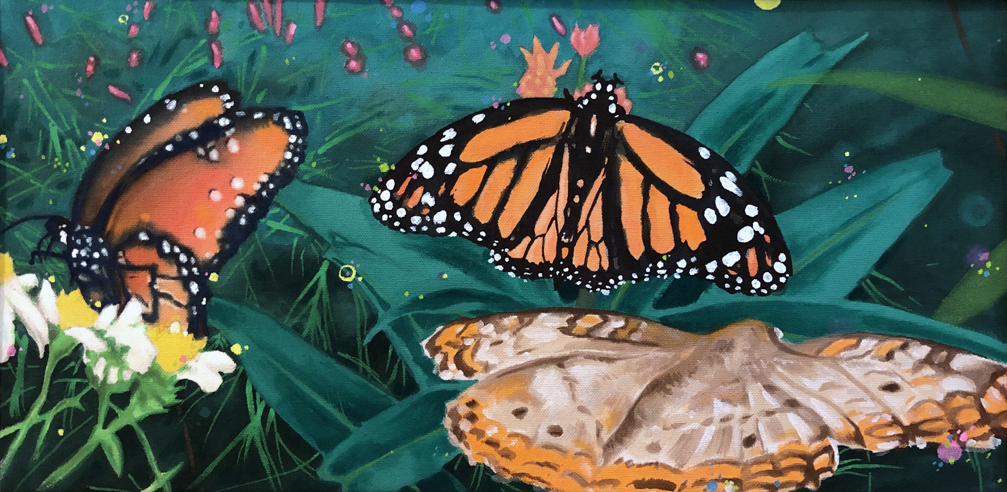   Butterflies and Moth  gouache on raw canvas. 2019  exhibited -  Ocala City Hall during A Floral Retrospective 2022;   Daggerwing Nature Center, Boca Raton, FL 2018  