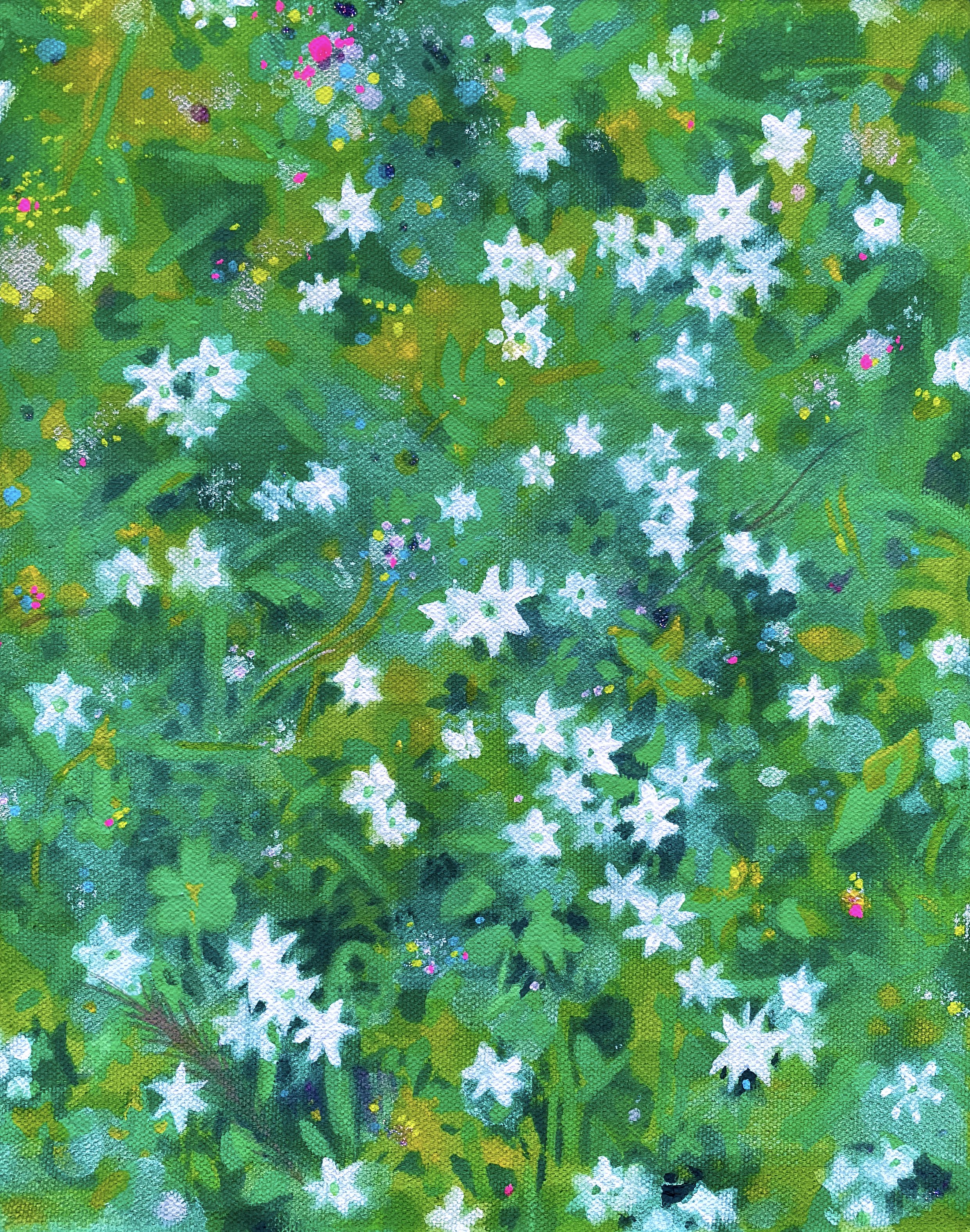   Florida Snow  gouache on raw canvas. 2019  exhibited -  Ocala City Hall during A Floral Retrospective 2022;   Main Street Arts, Clifton Springs, NY 2019; Daggerwing Nature Center, Boca Raton, FL 2018  