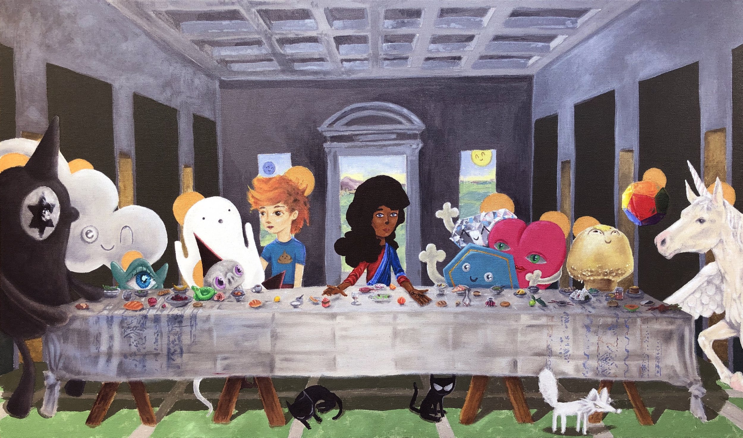   The Last Supper  acrylic on raw canvas. 2020  exhibited -  Bailey Contemporary Arts during Pages From The Big Book 2022;   The Cultural Council for Palm Beach County during The Big Book : A World Created 2021  