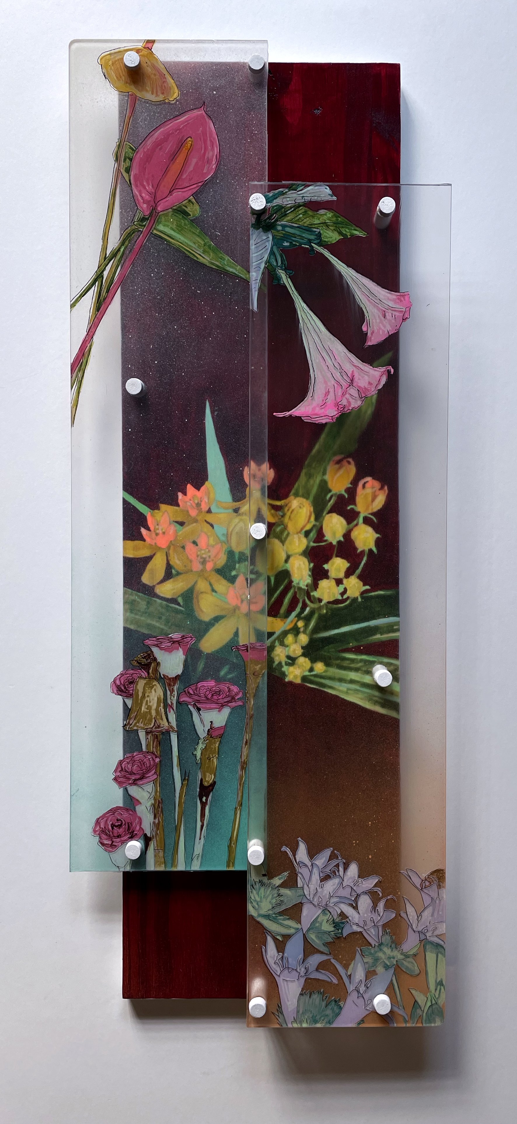   Flora South Florida  acrylic on plexiglass and wood. 2022  exhibited -  Tru by Hilton during Reflections Of The Big Book 2023;   Ali Cultural Arts during Esther’s Garden 2022;   Daggerwing Nature Center, Boca Raton, FL 2022;   GalleRE, Resource Dep