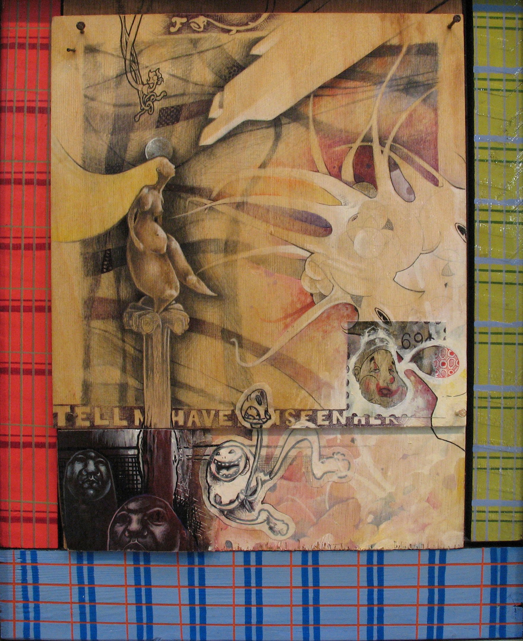   Annunciation  graphite, ink, acrylic, collage, cardboard, paper, watercolor, line etching, mezzotint, nails on wood. 2008  exhibited -  Mac B Gallery 2008  