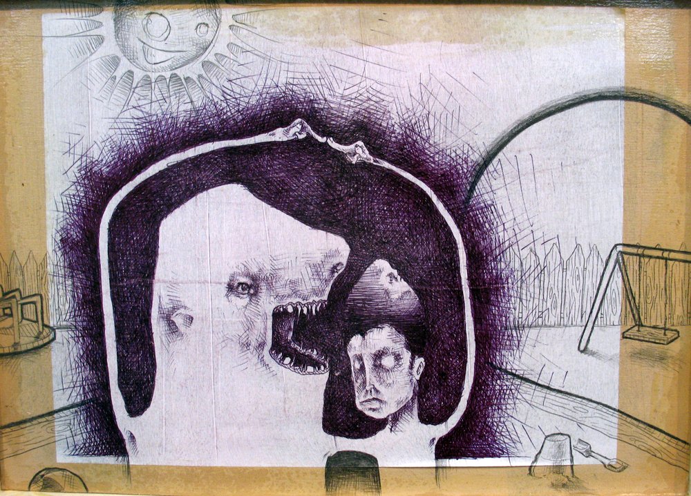   Playground  graphite, ink on board, paper. 2008    owned by Private Collector    exhibited -  Bailey Contemporary Arts during Anything And Everything From The Past 2022  