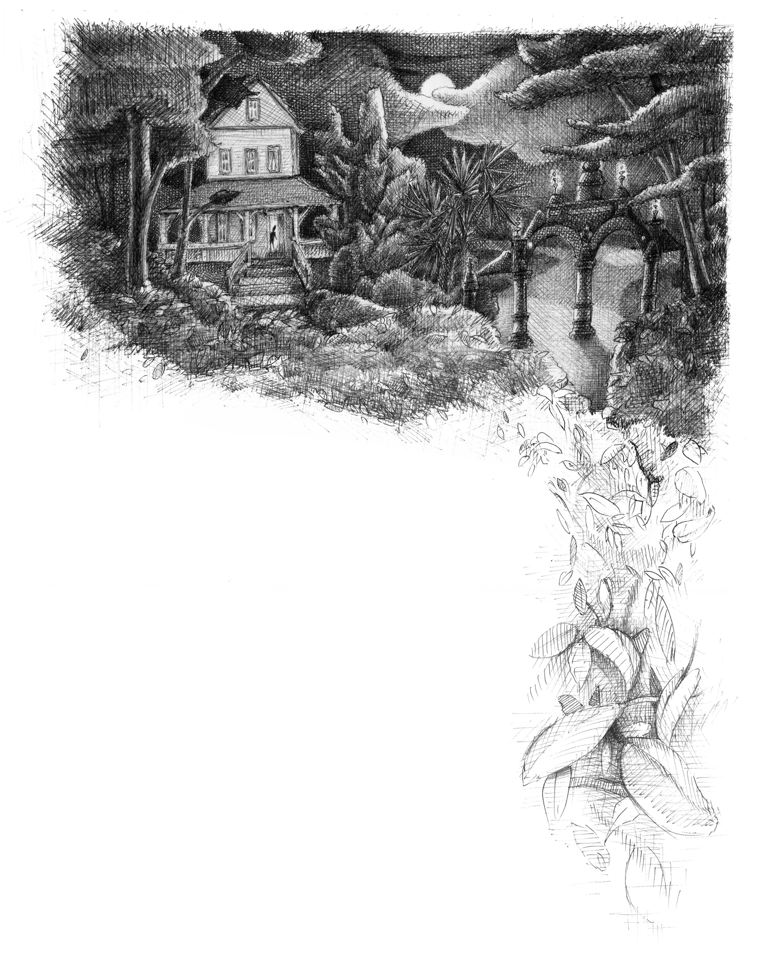   Riddle House  ink on paper. 2022    commissioned by Arts &amp; Culture of Palm Beach for Haunted History Fall 2022   