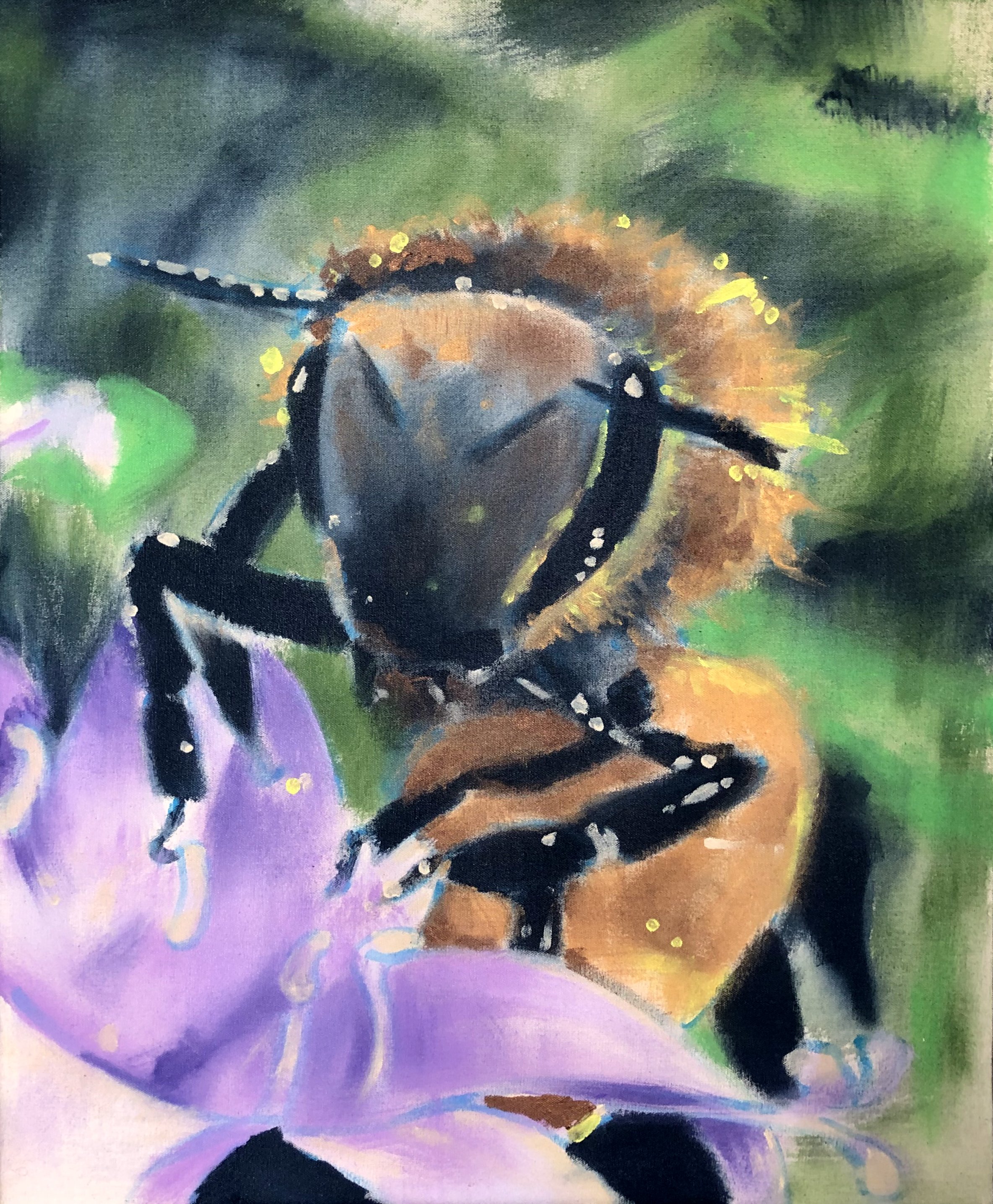   Bee  acrylic on raw canvas. 2020    owned by Private Collector    exhibited -  Ocala City Hall during A Floral Retrospective 2022; Daggerwing Nature Center, Boca Raton, FL 2020  