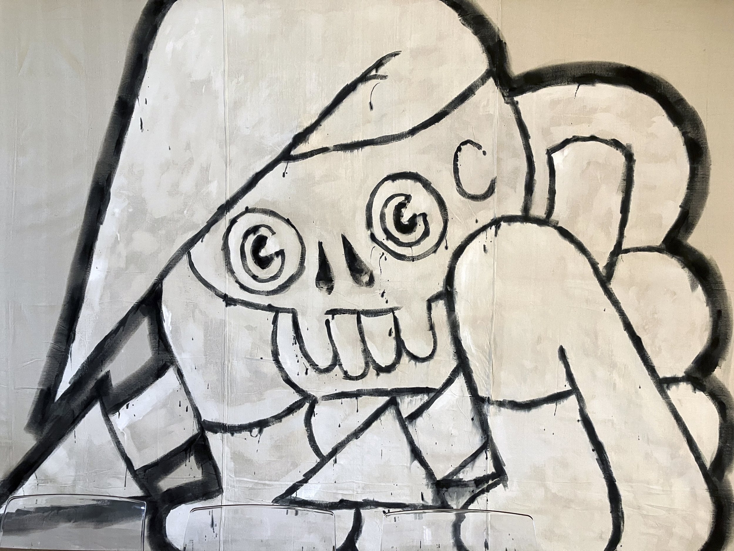  Trapped Skull Guy  acrylic on raw canvas. 12’ w x 9’ h 2023  exhibited -  Bailey Contemporary Arts during Fin 2023  