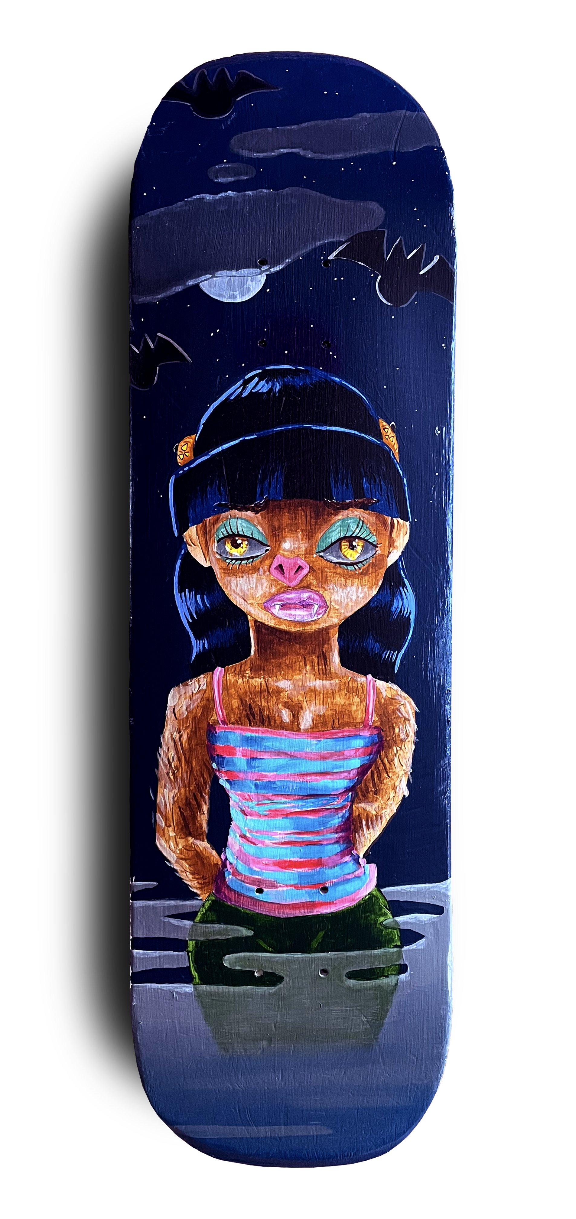   Wolf Girl  acrylic on skateboard. 2021  exhibited -  Crossing Arts Alliance during Costume Party 2021  